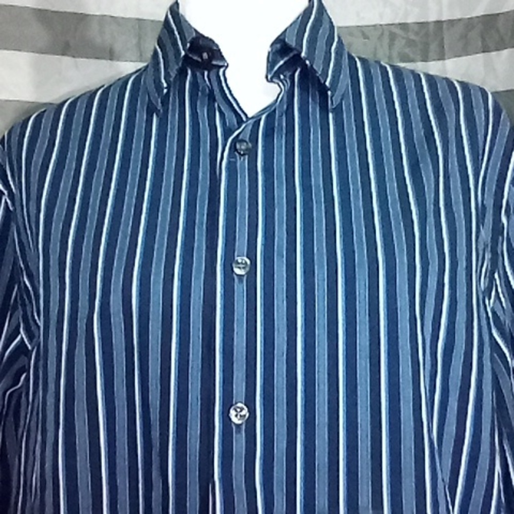 Perry Ellis Medium Men's Long Sleeve Button Up Dress Shirt Blue/White Stripes - Picture 6 of 8